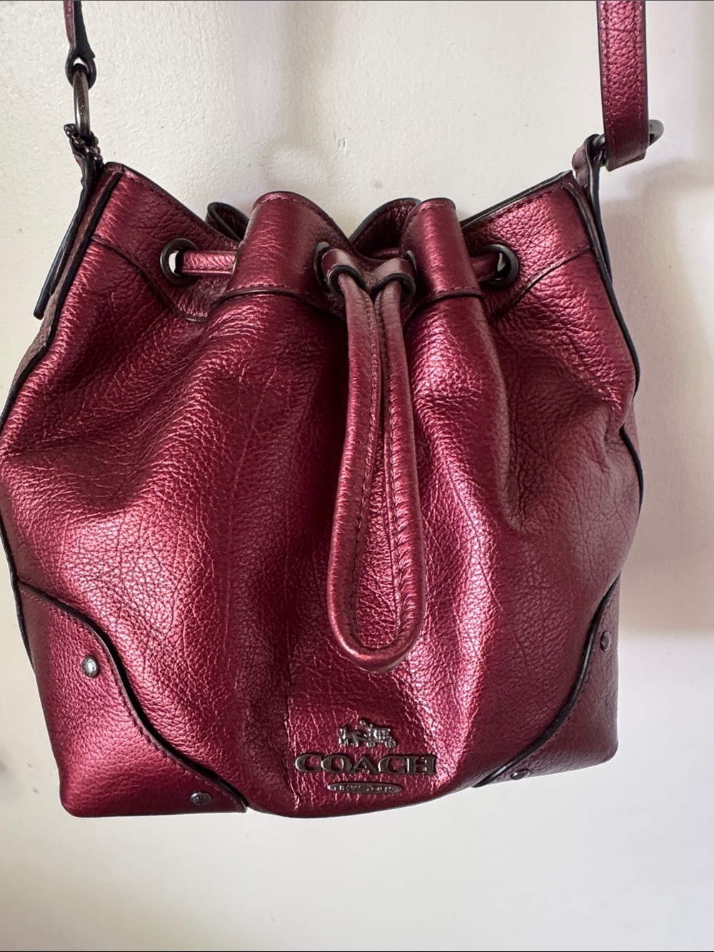 Coach Metallic Wine Drawstring Leather Crossbody Bag